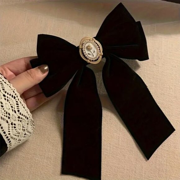 Handmade Accessories - NEW Romantic Victorian Girl Black Velvet Gold Rose Bow Hair Clip